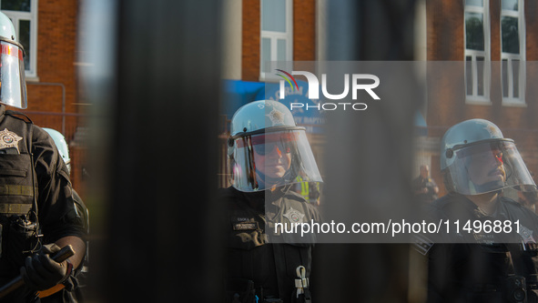 Riot police during the pro-Palestine protest on the first day of the Democratic National Convention on August 19, 2024. The protesters march...