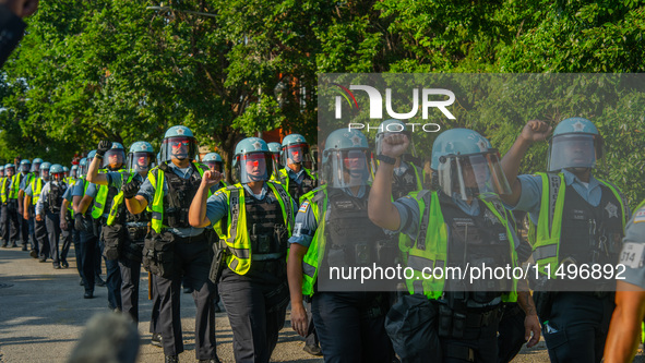 Riot police during the pro-Palestine protest on the first day of the Democratic National Convention on August 19, 2024. The protesters march...