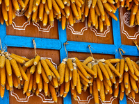 Corn is hanging outside a home in the Sainji Village (Corn Village) in Mussoorie, Uttarakhand, India, on April 18, 2024. This village is fam...