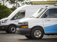 An AT&T logo is adorning a worker's van in Daytona Beach, Florida, on August 20, 2024. The strike, which began last Friday, is involving mor...