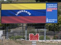 An image of a billboard with the inscription in Spanish ''Venezuela Libre'' (free Venezuela) is located in the center of Lisbon, Portugal, o...