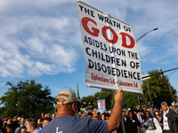 An anti-abortion rights demonstrator protests at an entrance to the Democratic National Convention in Chicago, Illinois on August 20, 2024....