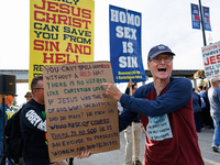 Opposing abortion rights demonstrators protest at an entrance to the Democratic National Convention in Chicago, Illinois on August 20, 2024....