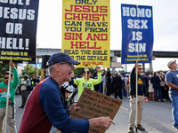 Opposing abortion rights demonstrators protest at an entrance to the Democratic National Convention in Chicago, Illinois on August 20, 2024....