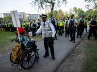 Thousands are marching outside the DNC in Chicago, Illinois, on August 19, 2024, to protest the war on Gaza. At the end of the march, a grou...