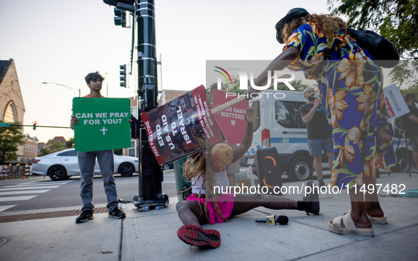 Thousands are marching outside the DNC in Chicago, Illinois, on August 19, 2024, to protest the war on Gaza. At the end of the march, a grou...