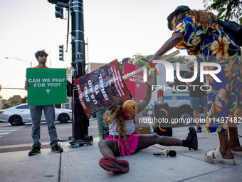 Thousands are marching outside the DNC in Chicago, Illinois, on August 19, 2024, to protest the war on Gaza. At the end of the march, a grou...