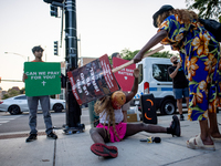 Thousands are marching outside the DNC in Chicago, Illinois, on August 19, 2024, to protest the war on Gaza. At the end of the march, a grou...