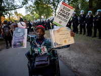 Thousands are marching outside the DNC in Chicago, Illinois, on August 19, 2024, to protest the war on Gaza. At the end of the march, a grou...