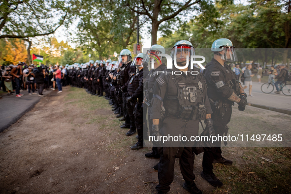 Thousands are marching outside the DNC in Chicago, Illinois, on August 19, 2024, to protest the war on Gaza. At the end of the march, a grou...