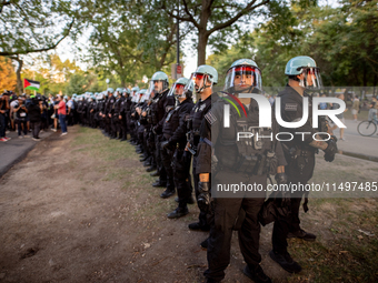 Thousands are marching outside the DNC in Chicago, Illinois, on August 19, 2024, to protest the war on Gaza. At the end of the march, a grou...