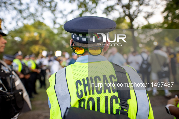 Thousands are marching outside the DNC in Chicago, Illinois, on August 19, 2024, to protest the war on Gaza. At the end of the march, a grou...