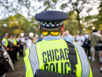 Thousands are marching outside the DNC in Chicago, Illinois, on August 19, 2024, to protest the war on Gaza. At the end of the march, a grou...