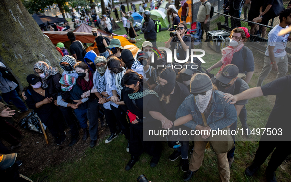 Thousands are marching outside the DNC in Chicago, Illinois, on August 19, 2024, to protest the war on Gaza. At the end of the march, a grou...