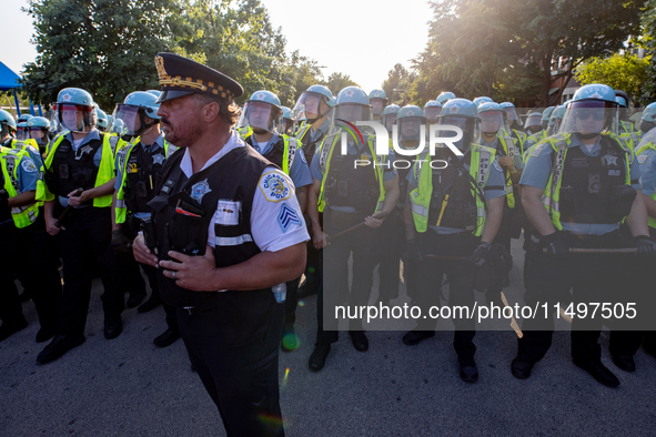 Thousands are marching outside the DNC in Chicago, Illinois, on August 19, 2024, to protest the war on Gaza. At the end of the march, a grou...