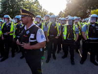 Thousands are marching outside the DNC in Chicago, Illinois, on August 19, 2024, to protest the war on Gaza. At the end of the march, a grou...