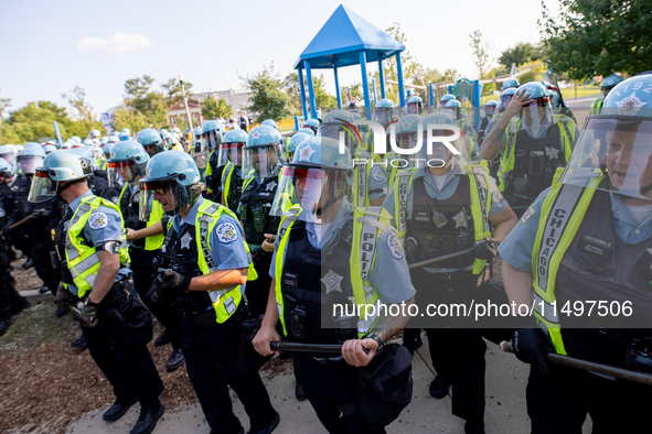 Thousands are marching outside the DNC in Chicago, Illinois, on August 19, 2024, to protest the war on Gaza. At the end of the march, a grou...