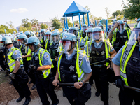 Thousands are marching outside the DNC in Chicago, Illinois, on August 19, 2024, to protest the war on Gaza. At the end of the march, a grou...