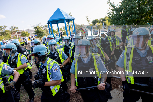 Thousands are marching outside the DNC in Chicago, Illinois, on August 19, 2024, to protest the war on Gaza. At the end of the march, a grou...