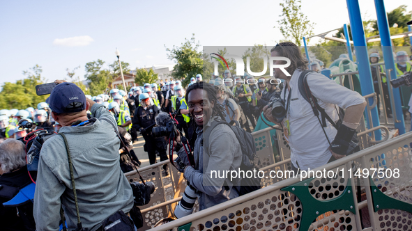 Thousands are marching outside the DNC in Chicago, Illinois, on August 19, 2024, to protest the war on Gaza. At the end of the march, a grou...