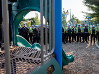 Thousands are marching outside the DNC in Chicago, Illinois, on August 19, 2024, to protest the war on Gaza. At the end of the march, a grou...