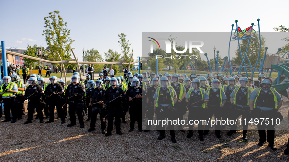 Thousands are marching outside the DNC in Chicago, Illinois, on August 19, 2024, to protest the war on Gaza. At the end of the march, a grou...