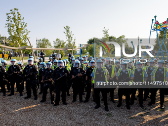 Thousands are marching outside the DNC in Chicago, Illinois, on August 19, 2024, to protest the war on Gaza. At the end of the march, a grou...