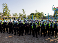 Thousands are marching outside the DNC in Chicago, Illinois, on August 19, 2024, to protest the war on Gaza. At the end of the march, a grou...