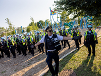 Thousands are marching outside the DNC in Chicago, Illinois, on August 19, 2024, to protest the war on Gaza. At the end of the march, a grou...