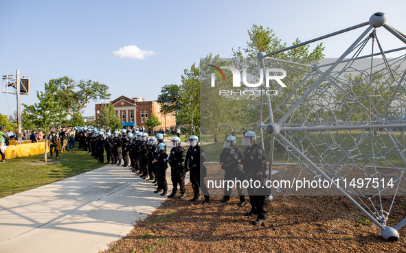 Thousands are marching outside the DNC in Chicago, Illinois, on August 19, 2024, to protest the war on Gaza. At the end of the march, a grou...