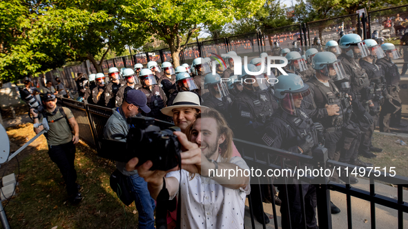 Thousands are marching outside the DNC in Chicago, Illinois, on August 19, 2024, to protest the war on Gaza. At the end of the march, a grou...