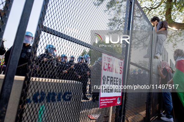 Thousands are marching outside the DNC in Chicago, Illinois, on August 19, 2024, to protest the war on Gaza. At the end of the march, a grou...