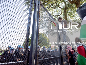 Thousands are marching outside the DNC in Chicago, Illinois, on August 19, 2024, to protest the war on Gaza. At the end of the march, a grou...