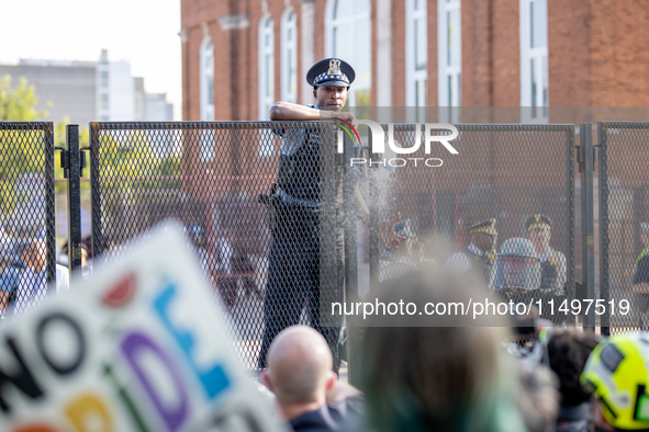 Thousands are marching outside the DNC in Chicago, Illinois, on August 19, 2024, to protest the war on Gaza. At the end of the march, a grou...