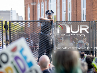 Thousands are marching outside the DNC in Chicago, Illinois, on August 19, 2024, to protest the war on Gaza. At the end of the march, a grou...