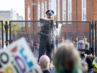 Thousands are marching outside the DNC in Chicago, Illinois, on August 19, 2024, to protest the war on Gaza. At the end of the march, a grou...