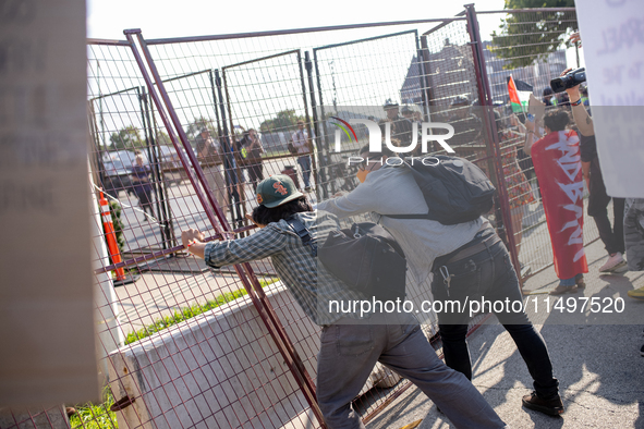 Thousands are marching outside the DNC in Chicago, Illinois, on August 19, 2024, to protest the war on Gaza. At the end of the march, a grou...