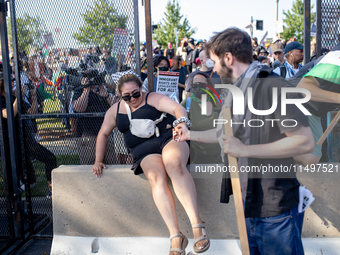 Thousands are marching outside the DNC in Chicago, Illinois, on August 19, 2024, to protest the war on Gaza. At the end of the march, a grou...