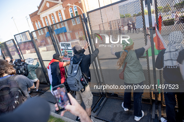 Thousands are marching outside the DNC in Chicago, Illinois, on August 19, 2024, to protest the war on Gaza. At the end of the march, a grou...