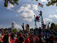 Thousands are marching outside the DNC in Chicago, Illinois, on August 19, 2024, to protest the war on Gaza. At the end of the march, a grou...