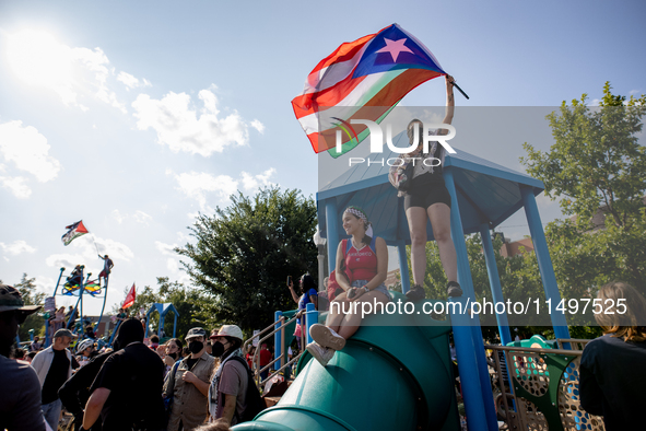 Thousands are marching outside the DNC in Chicago, Illinois, on August 19, 2024, to protest the war on Gaza. At the end of the march, a grou...