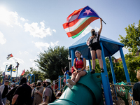 Thousands are marching outside the DNC in Chicago, Illinois, on August 19, 2024, to protest the war on Gaza. At the end of the march, a grou...