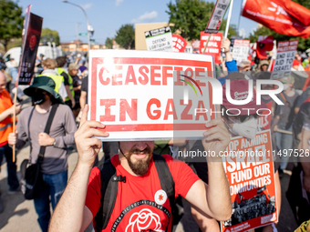 Thousands are marching outside the DNC in Chicago, Illinois, on August 19, 2024, to protest the war on Gaza. At the end of the march, a grou...