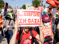 Thousands are marching outside the DNC in Chicago, Illinois, on August 19, 2024, to protest the war on Gaza. At the end of the march, a grou...