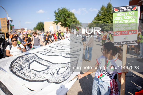 Thousands are marching outside the DNC in Chicago, Illinois, on August 19, 2024, to protest the war on Gaza. At the end of the march, a grou...