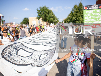 Thousands are marching outside the DNC in Chicago, Illinois, on August 19, 2024, to protest the war on Gaza. At the end of the march, a grou...