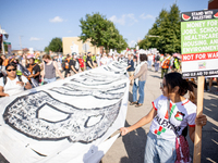 Thousands are marching outside the DNC in Chicago, Illinois, on August 19, 2024, to protest the war on Gaza. At the end of the march, a grou...