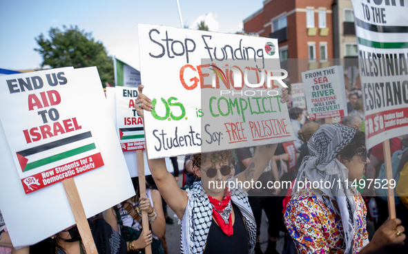 Thousands are marching outside the DNC in Chicago, Illinois, on August 19, 2024, to protest the war on Gaza. At the end of the march, a grou...