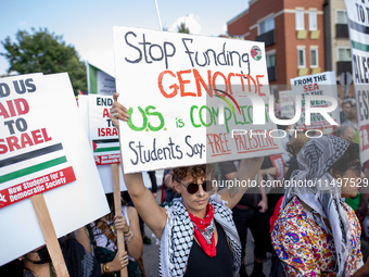 Thousands are marching outside the DNC in Chicago, Illinois, on August 19, 2024, to protest the war on Gaza. At the end of the march, a grou...