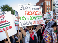 Thousands are marching outside the DNC in Chicago, Illinois, on August 19, 2024, to protest the war on Gaza. At the end of the march, a grou...